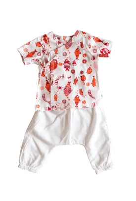 Fish Print Angarakha Top with White Pajama